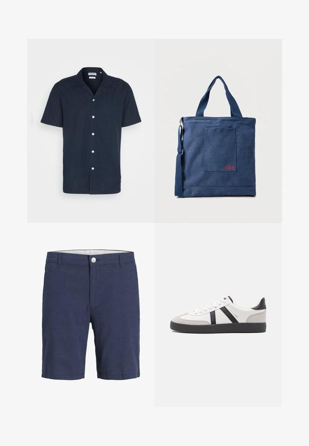 Camisa de botones azul marino de manga corta en un tejido ligero, con cuello, seis botones blancos y un diseño de corte relajado.; Pantalones cortos de color azul marino hasta la rodilla con cierre de botones, trabillas para cinturón y bolsillos delanteros, diseñados para uso casual.; Zapatilla blanca con acentos en negro y gris, que presenta una puntera texturizada en gris, suela de goma negra y cordones planos blancos. Diseño limpio, estilo minimalista.; Bolso tote de lona azul con bolsillo frontal y bordado rojo "O.N.S", con asas dobles y una correa ajustable para el hombro.