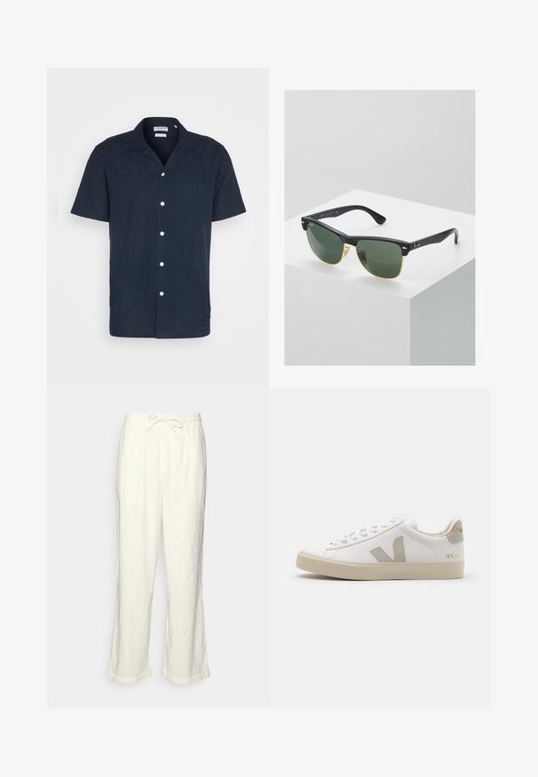 Chemise à manches courtes bleu marine à boutons en tissu léger, avec un col, six boutons blancs et une coupe décontractée.; Pantalons en lin blanc cassé avec une taille élastique, jambes légèrement larges et ourlets roulés pour un look décontracté. Pas de poches.; Baskets en cuir blanc avec des accents beiges, semelle plate en caoutchouc, bout rond et logo contrastant sur le côté et à l'arrière. Design à lacets.; Lunettes de soleil Ray-Ban avec des verres verts, monture en plastique noir et accents dorés sur les bords. Forme carrée avec une finition mate.