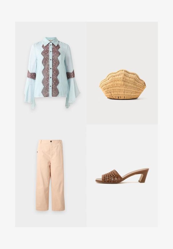 Blusa azul clara con acentos de encaje marrón y patrón a rayas. Cuenta con un cuello puntiagudo, cierre de botones y mangas acampanadas.; Pantalones cortos de algodón beige con un corte recto, que presentan un botón único en la cintura y bolsillos laterales. Tejido suave sin patrones.; Mule marrón tejido con punta abierta, tacón ancho y diseño sin cierre sobre un fondo blanco liso.; Bolso de mano de ratán tejido con forma de concha de vieira, de color marrón claro natural y bordes redondeados y texturizados.