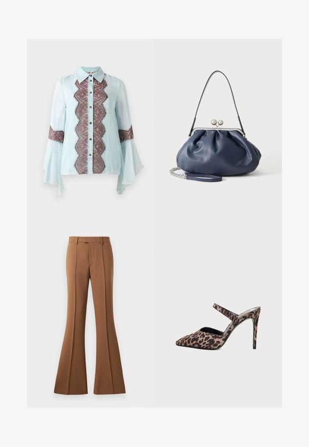 Blusa azul clara con acentos de encaje marrón y patrón a rayas. Cuenta con un cuello puntiagudo, cierre de botones y mangas acampanadas.; Pantalones de tiro alto en marrón, confeccionados con una tela suave, que cuentan con pinzas y un bolsillo delantero para un detalle adicional.; Mule de tacón alto con punta afilada, estampado de leopardo y una sola tira fina sobre la parte superior del pie sobre un fondo liso.; Bolso de mano de cuero azul marino suave con cierre de broche plateado, una correa de hombro y correa de cadena desmontable para la muñeca sobre fondo blanco.