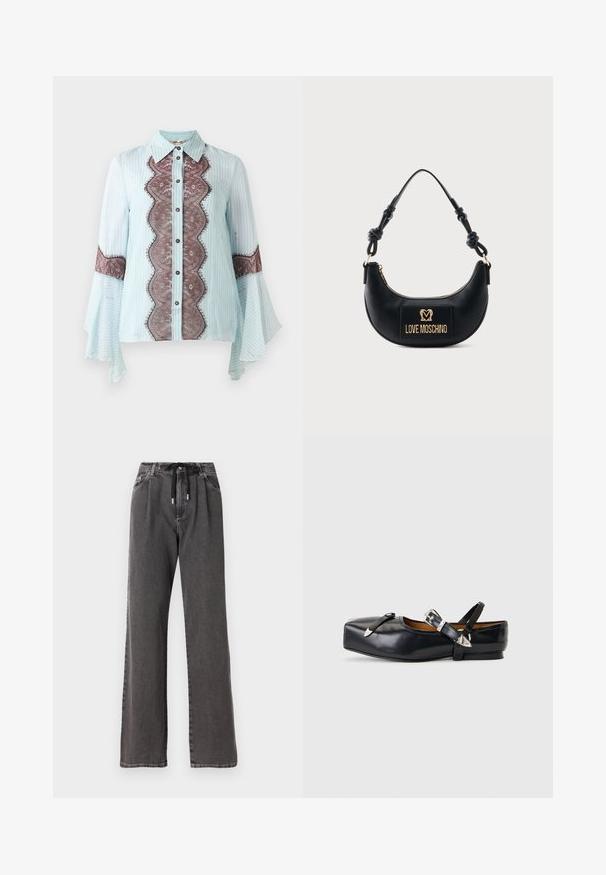 Chemisier bleu clair avec accent en dentelle marron et motif rayé. Présente un col pointu, une fermeture à boutons et des manches évasées.; Pantalon large en denim gris avec taille à cordon et poches avant, confectionné en tissu en coton doux et résistant.; Chaussure plate en cuir noir avec bout carré, deux brides à boucle argentée, et un petit talon sur un fond gris clair.; Sac à main noir demi-lune avec poignée nouée et plaque logo dorée "Love Moschino" sur le devant, fermeture éclair en haut.