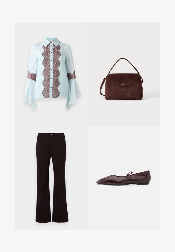 Lichtblauw blouse met bruine kantaccent en gestreept patroon. Beschikt over een puntige kraag, knoopsluiting en uitlopende mouwen.; Zwarte high-waist wijde jeans met knopen aan de voorkant, rits, riemlussen, en voor- en achterzakken tegen een witte achtergrond.; Ballerina's in bordeaux patenta leder met een spitse neus en een decoratieve paarse strik op de wreef; ontwerp met platte zool.; Bruine suède handtas met een enkele bovenste handgreep, klepsluiting en goudkleurige draaivergrendeling op een effen lichte achtergrond.