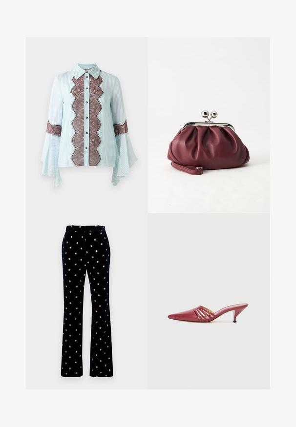 Blusa azul clara con acentos de encaje marrón y patrón a rayas. Cuenta con un cuello puntiagudo, cierre de botones y mangas acampanadas.; Pantalones de terciopelo negro con un pequeño patrón floral en blanco y rosa, lazos para cinturón y piernas rectas sobre un fondo blanco.; Mules de cuero rojo con punta puntiaguda y tacón bajo, con detalles recortados en los laterales y textura suave. Diseño elegante y aerodinámico.; Pequeño bolso de mano de cuero burdeos con cierre metálico plateado y correa de muñeca sobre un fondo blanco.