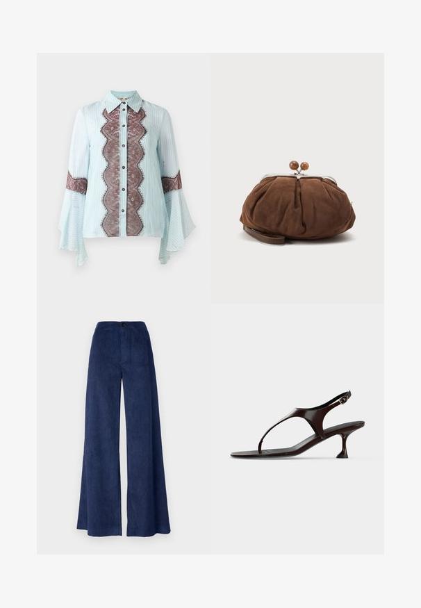 Lichtblauw blouse met bruine kantaccent en gestreept patroon. Beschikt over een puntige kraag, knoopsluiting en uitlopende mouwen.; Brede navy corduroy broek met een soepele textuur, voorzien van een knoopsluiting en verticale ribbelstructuur voor extra diepte.; Donkerbruine lakleren slingbacksandaal met kittenheel en teenbandje op witte achtergrond.; Zachte bruine suède polstasje met zilverkleurige metalen frame en ronde bruine sluitknopjes op een effen lichte achtergrond.