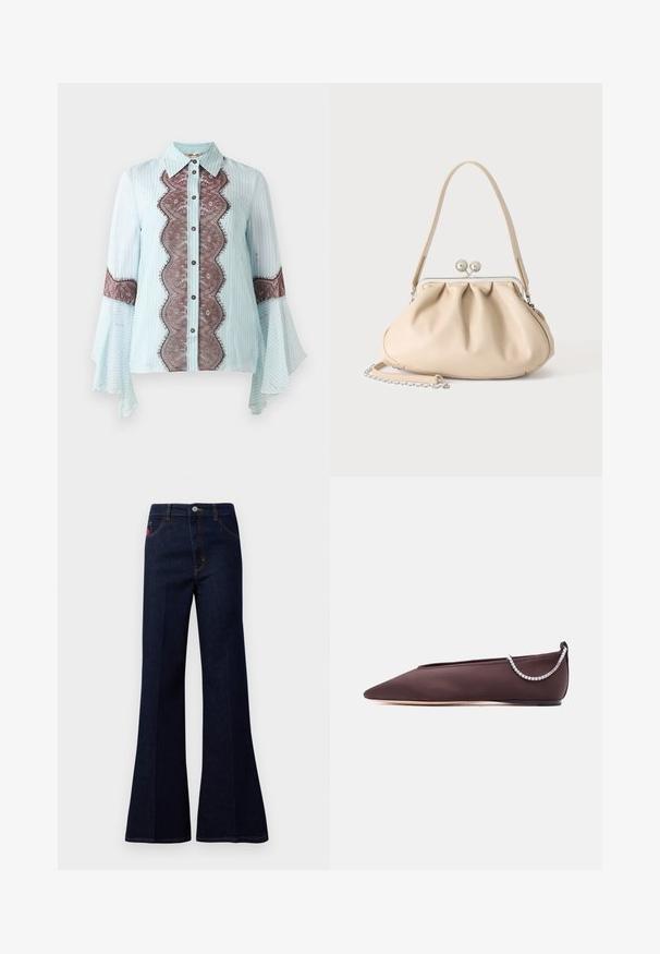 Lyseblå bluse med brun blondeaccent og stribemønster. Har en spids krave, knaplukning og udvidede ærmer.; Mørkeblå højtaljede flagrende jeans med frontknap, lynlås, sidelommer og baglommer samt kontrastsyning.; Mørkebrun flad sko med spids tå, lav hæl og en sølvfarvet rhinstenkæde detalje bagpå.; Beige blød læderhåndtaske med en sølv metalramme-lukning, enkelt skulderstrop og en valgfri kæderem på en hvid baggrund.