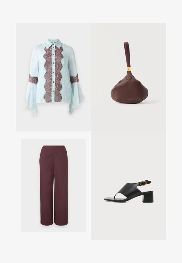 Blusa azul clara con acentos de encaje marrón y patrón a rayas. Cuenta con un cuello puntiagudo, cierre de botones y mangas acampanadas.; Pantalones marrones de tiro alto y pierna ancha con un frente liso y bolsillos laterales, exhibidos contra un fondo claro y liso.; Sandalia negra de piel con puntera abierta, tira trasera, hebilla dorada, tacón ancho y detalle de tira entre los dedos sobre fondo blanco liso.; Bolso de muñeca de cuero marrón con placa de logo dorada y nombre de la marca "Coccinelle" grabados en la parte frontal, sobre un fondo blanco.