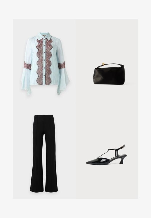 Blusa azul clara con acentos de encaje marrón y patrón a rayas. Cuenta con un cuello puntiagudo, cierre de botones y mangas acampanadas.; Pantalones acampanados negros de cintura alta, fabricados en tejido elástico. Presentan detalles de costura vertical en la parte delantera y una textura suave.; Zapato slingback de cuero charol negro con punta fina, tira en T y tacón bajo en bloque inclinado sobre fondo blanco.; Bolsa de terciopelo negro con forma redondeada, un asa superior y un cierre de acento dorado. Textura suave con un diseño minimalista.