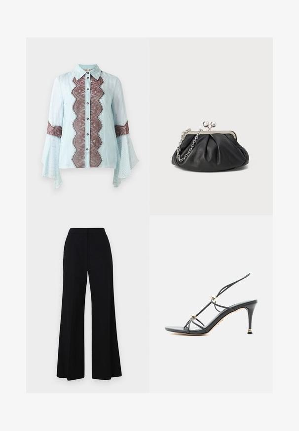 Lichtblauw blouse met bruine kantaccent en gestreept patroon. Beschikt over een puntige kraag, knoopsluiting en uitlopende mouwen.; Zwarte wijde broek met hoge taille, gemaakt van zachte stof en met strakke lijnen. Geen zichtbare hardware of patronen.; Zwarte sandaal met hoge hak en dunne bandjes, versierd met gouden kralen op een puntige naaldhak.; Zwarte leren clutch met geplooide textuur, zilverkleurig metalen frame, drukknopsluiting en kettingriem. Glad, zacht oppervlak.