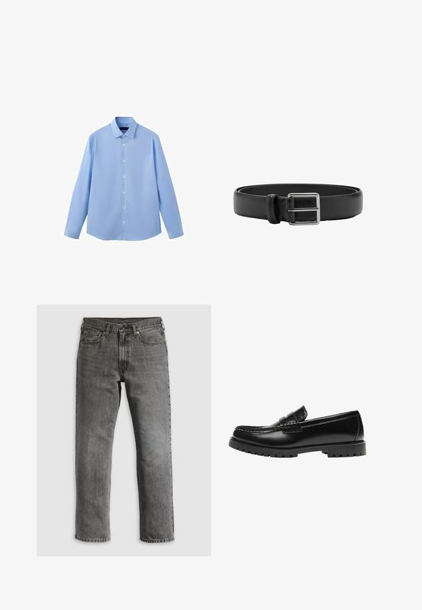 Chemise à manches longues bleu clair avec col classique, sept boutons blancs sur le devant, sans motifs ni logos visibles.; Jean en denim gris avec une coupe droite, comportant cinq poches, des rivets en cuivre et des coutures visibles. Design classique avec une braguette zippée.; Mocassin en cuir noir avec une semelle en caoutchouc épaisse et un détail classique de bride à monnaie, vu de côté extérieur.; Ceinture en cuir noir avec une boucle métallique rectangulaire argentée et une seule boucle pour la fixation.