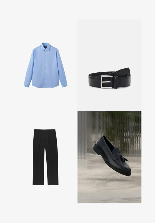 Chemise à manches longues bleu clair avec col classique, sept boutons blancs sur le devant, sans motifs ni logos visibles.; Pantalons noirs au design droit, fabriqués à partir d'un tissu lisse. Dotés de plis sur le devant et d'une fermeture à un bouton à la taille.; Mocassins en cuir noir avec une texture lisse, un bout arrondi et des pampilles décoratives à l'avant. Semelle en caoutchouc flexible avec un petit talon.; Ceinture en cuir noir avec une boucle en argent, design plat, texture lisse et couture contrastante le long du bord.