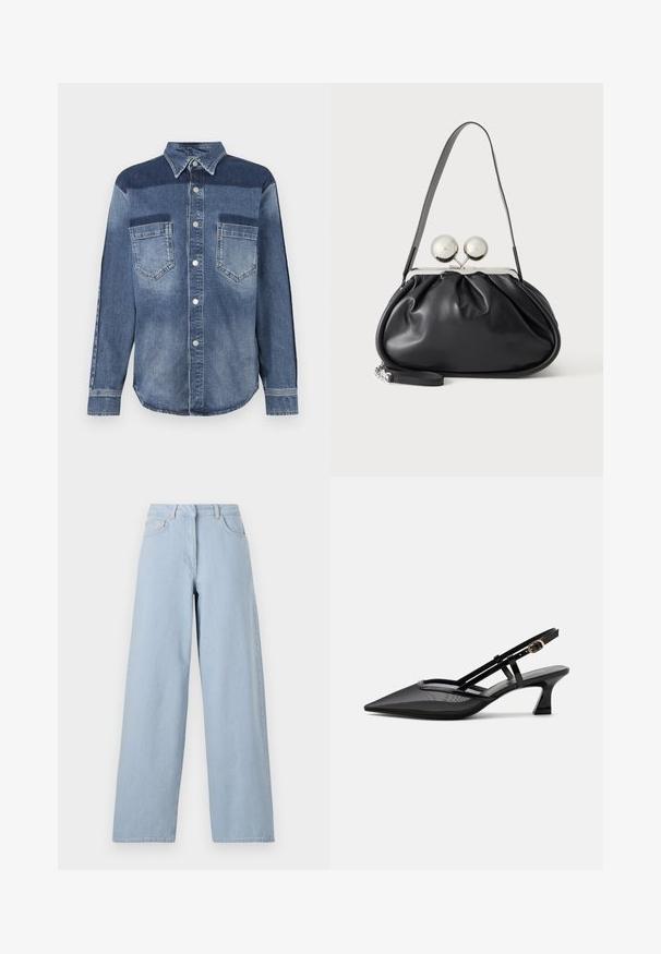 Denimshirt, mille on nööbitatav krae, mis sisaldab segatud heledate ja tumedate siniste paneelide kombinatsiooni, kahte rinna taskut ja hõbedasi nupuklaase.; REMAIN COCOON PANTS - Wide leg - light blue; Mustad terava ninaga slingback-kingad võrgust pealse, õhukeste rihmade, kuldse pandla ja madala kumerdatud kontsaga valgel taustal.; Mustast nahast käekott kogutud disainiga, ühe rihmaga, hõbedase metallraamiga ja kahe suure ümmarguse hõbedase klambriga.