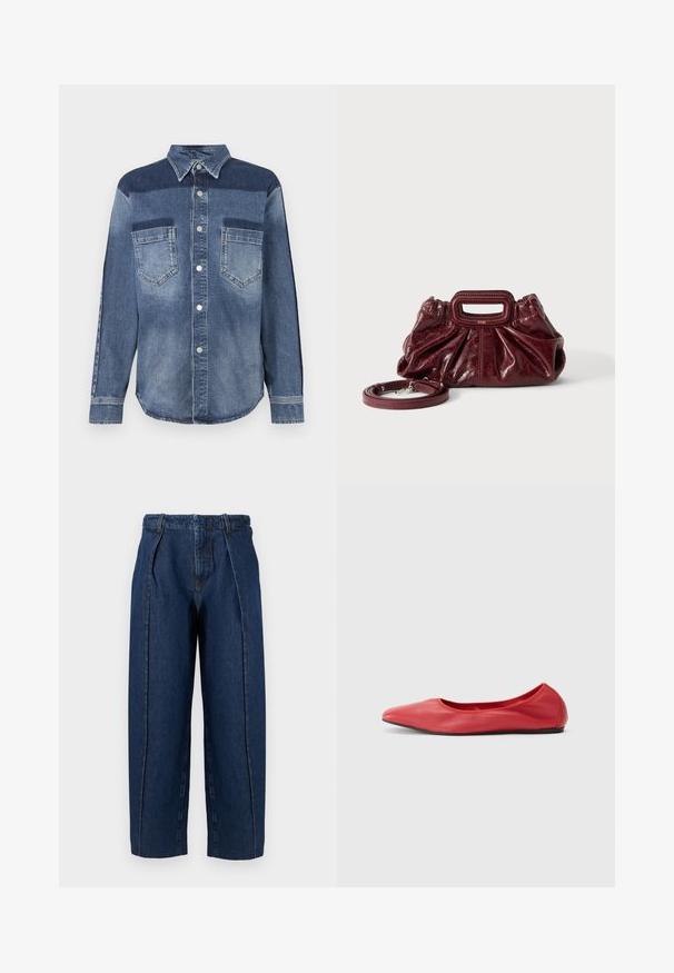 Denimshirt, mille on nööbitatav krae, mis sisaldab segatud heledate ja tumedate siniste paneelide kombinatsiooni, kahte rinna taskut ja hõbedasi nupuklaase.; Kõrge vöökohaga, laia säärega tumesinised teksapüksid, millel on esiploolid ja vööaugud, esitatud valgel taustal.; Filippa K REY FLATS - Baleriinad - bright red; Väike tumepunane nahast käekott kogutud tekstuuriga, ristkülikukujulise käeava käepideme ja eemaldatava õlarihmaga valgel taustal.