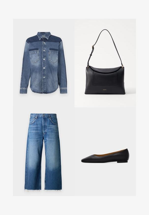 Denimshirt, mille on nööbitatav krae, mis sisaldab segatud heledate ja tumedate siniste paneelide kombinatsiooni, kahte rinna taskut ja hõbedasi nupuklaase.; Heledad sinine nahk, laiad jalad, rebenenud servaga teksad, millel on viis taskut ja nööpe kinnitav vöökoht.; Mustast nahast terava ninaga madala kontsaga tasasel tallal king, nähtud küljelt helehallil taustal.; Mustriline must bag, mille konstruktsioon, kokkuvolditav ülemine osa ja esikott. Sellel on peen rihm ja kuldsed detailid.