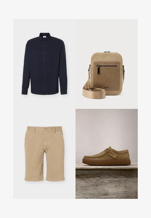 Chemise bleu marine à manches longues avec boutons, col, tissu texturé et poignets standards, présentée sur un fond blanc uni.; Shorts en coton beige jusqu'au genou avec fermeture par bouton et fermeture éclair, passants pour ceinture, et poches latérales sur fond blanc.; Chaussures en daim brun clair avec un bout arrondi, des détails cousus et une semelle en caoutchouc brun striée. Présente une étiquette latérale avec le logo "Clarks".; Petit sac bandoulière beige avec poche avant zippée, logo métallique ALDO, sangle large ajustable et forme rectangulaire arrondie sur fond blanc.