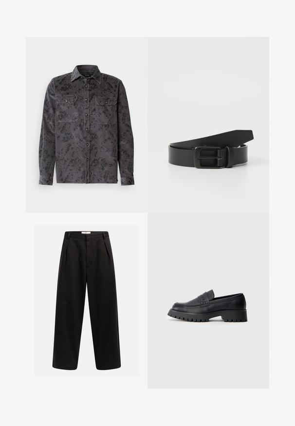 Chemise en côtes de velours gris avec un motif floral noir, deux poches sur la poitrine, un col pointu et des boutons métalliques. Tissu texturé avec des nervures verticales.; Pantalons larges noirs avec plis avant, passants de ceinture et fermeture dissimulée, étiquetés "Rebel" sur la ceinture.; Mocassins en cuir noir avec un bout arrondi, présentant une sangle décorative et une semelle en caoutchouc épaisse avec de profonds crampons pour une meilleure adhérence.; Ceinture en cuir noir avec une boucle en métal noir mat, présentant une texture lisse et un design simple. Longueur réglable avec une extrémité effilée.