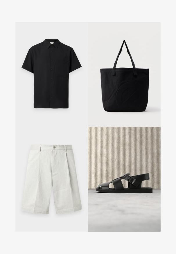 Chemise noire à manches courtes avec col et une seule poche poitrine, affichée sur un fond clair uni.; Shorts gris clair en tissu texturé, dotés d'une fermeture à bouton, de plis et d'une coupe droite, adaptés à une tenue décontractée.; Sandale en cuir noir avec bride à boucle, design à bout ouvert, présentée sur un tapis beige avec un arrière-plan flou de meubles marron.; Sac fourre-tout en toile noire avec deux bandoulières et un motif circulaire discret en relief sur le devant.