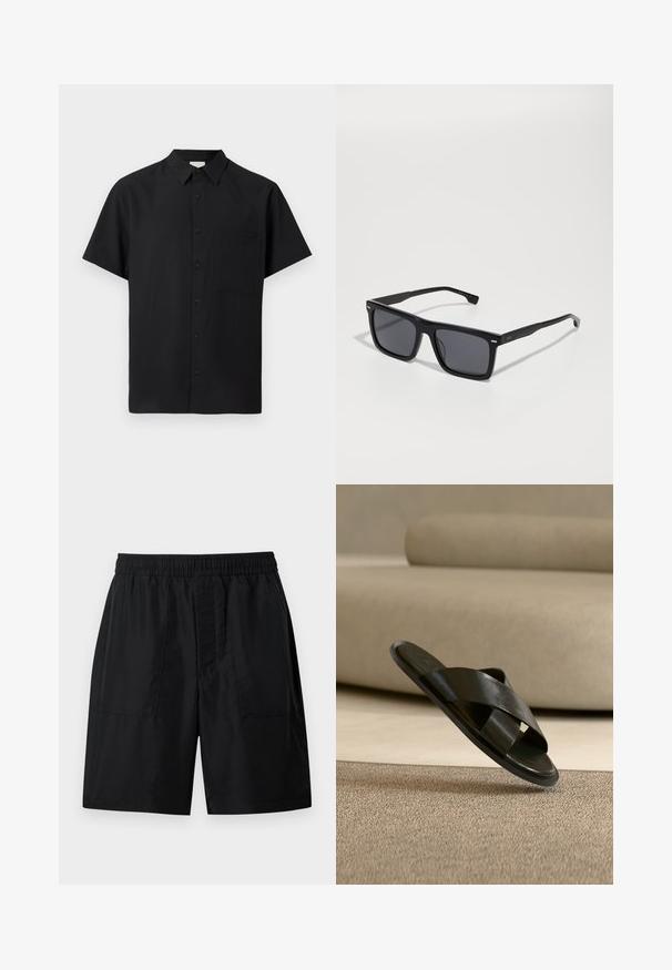 Chemise noire à manches courtes avec col et une seule poche poitrine, affichée sur un fond clair uni.; Shorts taille élastique noire avec deux poches plaquées à l'avant et une coupe droite arrivant au genou, sur un fond uni.; Sandale noire en cuir à enfiler avec des brides croisées flottant au-dessus d’un tapis beige texturé dans une pièce aux tons neutres avec un canapé en arrière-plan.; Lunettes de soleil carrées noires avec des verres foncés. Fabriquées en plastique, avec des côtés texturés et un design minimaliste. Détails près des charnières.