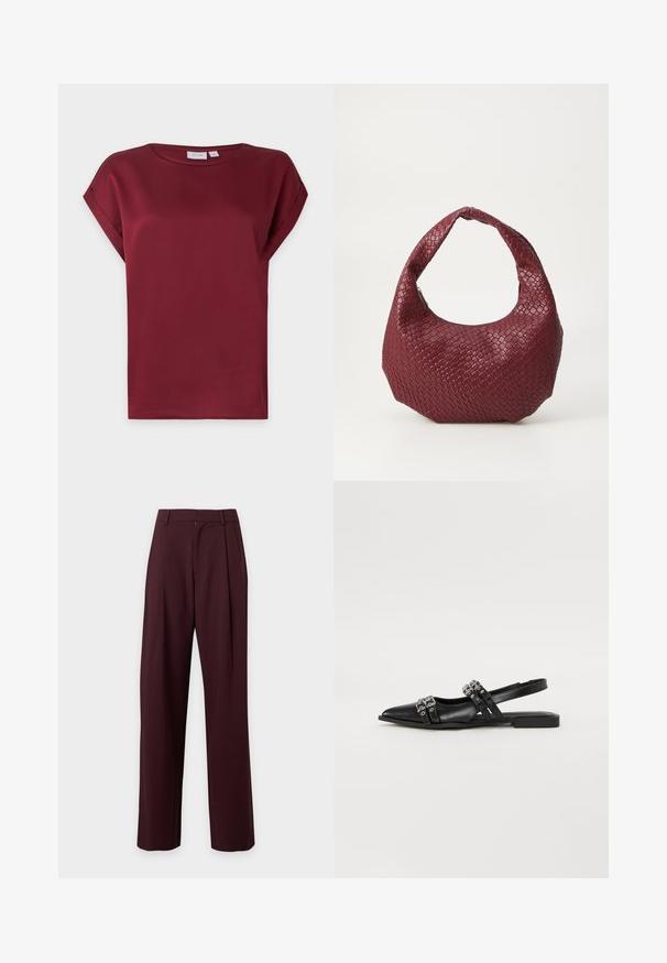 Bordeauxrode blouse met korte mouwen, ronde hals en een omgeslagen manchetdetail aan de mouwen, getoond op een effen lichte achtergrond.; Donkerbruine, op maat gemaakte hoge taille broek met rechte pijpen en riemlussen, getoond tegen een effen lichte achtergrond.; Even&Odd by Zalando Slingback ballerina´s - black; Geweven bordeaux handtas met een afgeronde silhouet, een enkele handgreep en een gestructureerde afwerking. Ritssluiting aan de bovenkant.