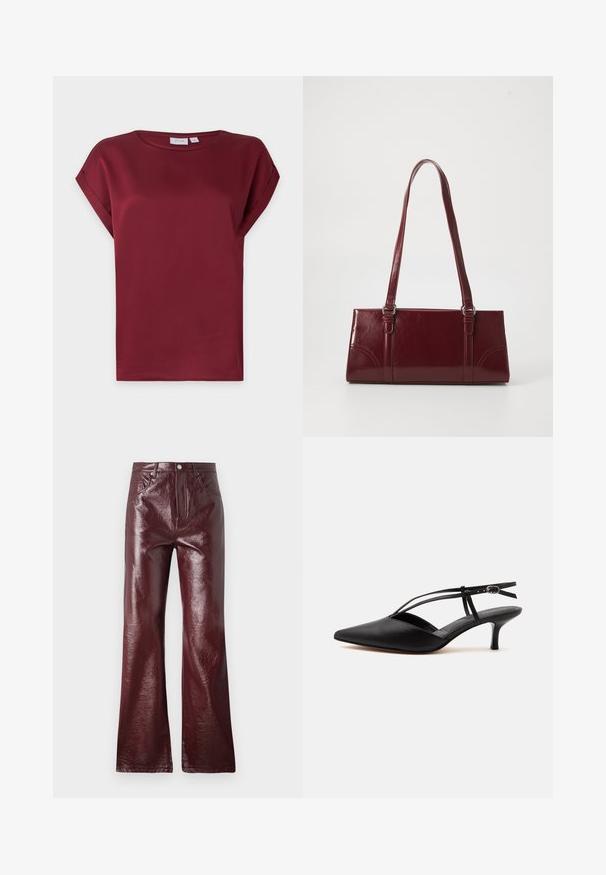 Bordeauxrode blouse met korte mouwen, ronde hals en een omgeslagen manchetdetail aan de mouwen, getoond op een effen lichte achtergrond.; Vero Moda VMTESSA WIDE VINYL - Broek - winetasting; Zwarte leren pumps met spits toelopende neus, kittenheel met dunne enkelriem en gesp, slingback ontwerp, op een effen lichte achtergrond.; Bourgondische handtas van glanzend materiaal, rechthoekige vorm, met twee schouderbanden en subtiele gebogen accenten aan de voorkant.