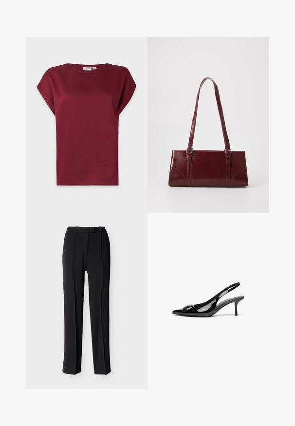 Blusa burdeos de manga corta con cuello redondo y detalle de puños doblados en las mangas, presentada sobre un fondo claro y sencillo.; Pantalones negros de pierna recta con una tela lisa, que cuentan con dos pliegues frontales, frente plano y una cintura estándar con trabillas para cinturón.; Tacones slingback de charol negro con punta afilada y acabado brillante. Presentan un tacón delgado y un acento redondeado en el empeine.; Bolso burdeos hecho de material brillante, de forma rectangular, con dos asas para el hombro y sutiles acentos curvados en la parte frontal.