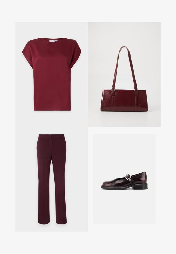 Bordeauxrode blouse met korte mouwen, ronde hals en een omgeslagen manchetdetail aan de mouwen, getoond op een effen lichte achtergrond.; Bordeaux op maat gemaakte broeken met een gladde textuur, recht gesneden pijpen en een middelhoge tailleband. Bevat geen zichtbare zakken of versieringen.; Enkele glanzende donker bordeauxrode Mary Jane schoen met brede band en zilveren gesp, lage blokhak en afgeronde neus op witte achtergrond.; Bourgondische handtas van glanzend materiaal, rechthoekige vorm, met twee schouderbanden en subtiele gebogen accenten aan de voorkant.
