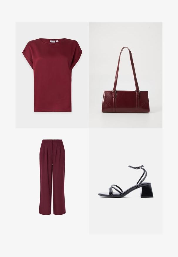Blusa burdeos de manga corta con cuello redondo y detalle de puños doblados en las mangas, presentada sobre un fondo claro y sencillo.; Pantalones de pierna ancha en tejido burdeos, con pliegues frontales y una cinturilla elástica. Textura suave, diseño de largo completo.; Sandalia negra con tiras, abierta en la punta, con hebilla en el tobillo y tacón cuadrado, vista lateral sobre un fondo claro y liso.; Bolso burdeos hecho de material brillante, de forma rectangular, con dos asas para el hombro y sutiles acentos curvados en la parte frontal.