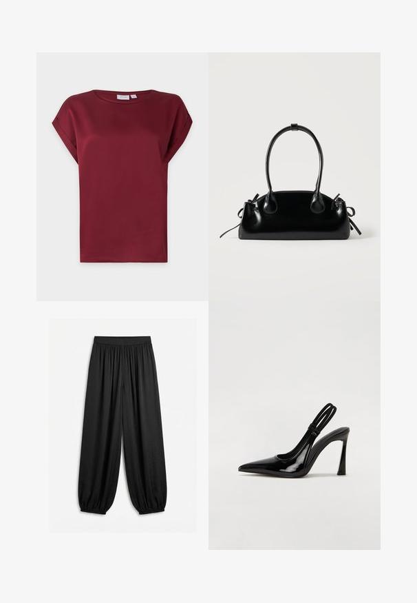 Bordeauxrode blouse met korte mouwen, ronde hals en een omgeslagen manchetdetail aan de mouwen, getoond op een effen lichte achtergrond.; Losse zwarte broek met gerimpelde elastische tailleband en elastische boorden, gemaakt van lichtgewicht, soepel vallende stof.; Zwarte gepatineerde leren slingback pump met puntige neus, slanke hoge hak en dubbele elastische band voor een veilige pasvorm. Gladde, glanzende oppervlakte.; Kleine zwarte glanzende handtas met twee lange hengsels en zijkant trekkoord details op een effen lichte achtergrond.