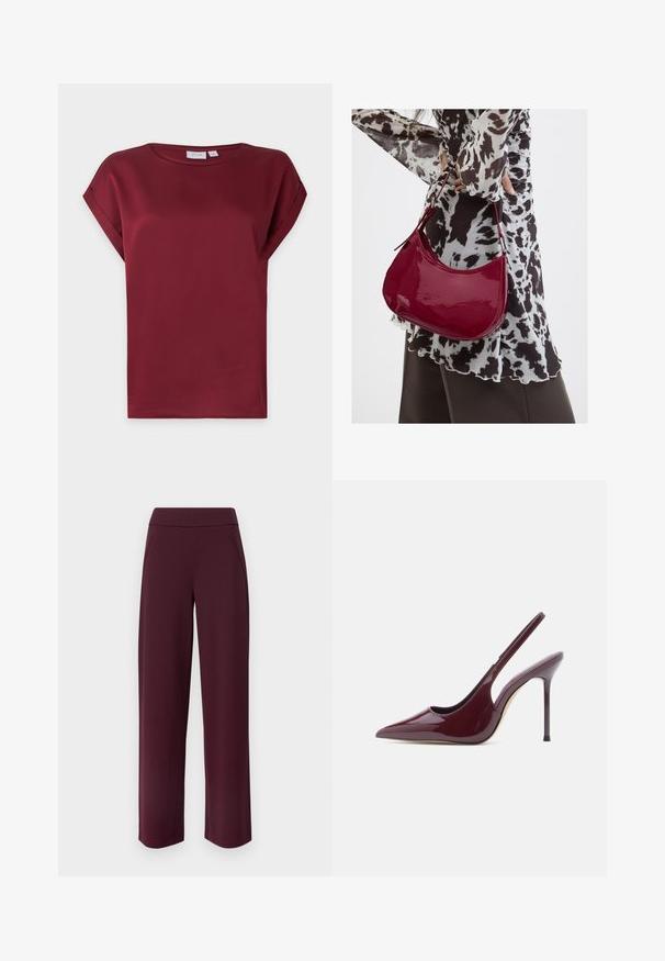Blusa burdeos de manga corta con cuello redondo y detalle de puños doblados en las mangas, presentada sobre un fondo claro y sencillo.; JDY JDYLOUISVILLE CATIA LIFE - Pantalones - wine tasting; Tacón destalonado de charol burdeos con punta puntiaguda, fino tacón de aguja y diseño de recortes curvos en los laterales. Textura suave.; Mujer con blusa de estampado en blanco y negro sosteniendo un bolso de hombro rojo brillante sobre un fondo liso.