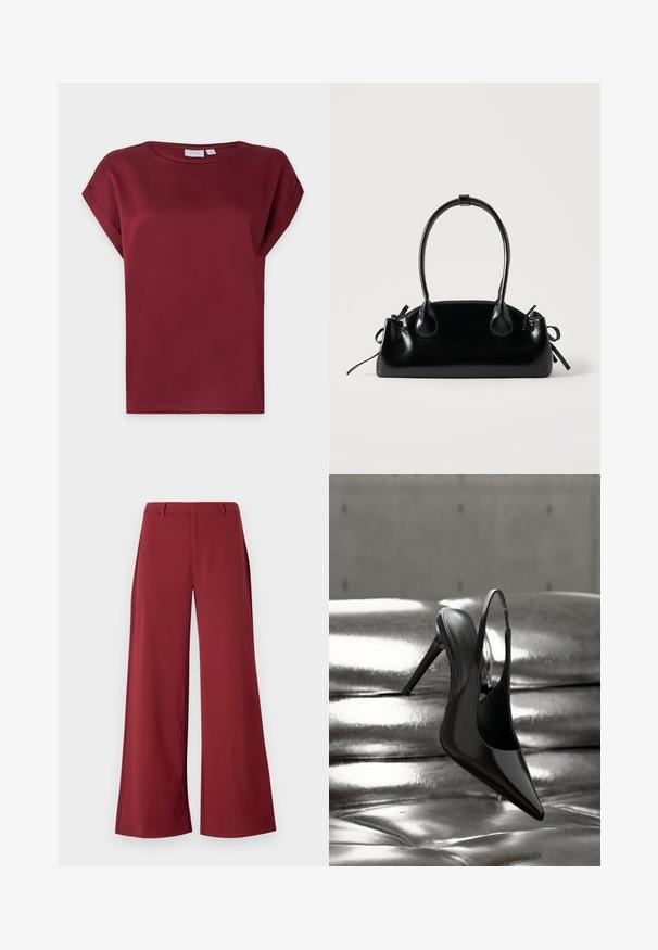 Blusa burdeos de manga corta con cuello redondo y detalle de puños doblados en las mangas, presentada sobre un fondo claro y sencillo.; Pantalones de pierna ancha en un profundo color burdeos. Confeccionados en un tejido suave y elástico, con costuras a medida y cierre de cremallera frontal.; Zapato de tacón alto en negro brillante con talón descubierto, equilibrado sobre una superficie acolchada metálica plateada y brillante con textura suave.; Pequeño bolso negro brillante con dos asas largas y detalles de cordón lateral sobre un fondo claro liso.