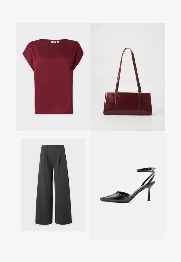 Blusa burdeos de manga corta con cuello redondo y detalle de puños doblados en las mangas, presentada sobre un fondo claro y sencillo.; Pantalones negros de pierna ancha con cintura alta y dos botones en la pretina, mostrados sobre un fondo claro y liso.; Zapato de tacón alto negro de punta fina con delgadas correas en el tobillo y cierre de hebilla plateada sobre un fondo liso claro.; Bolso burdeos hecho de material brillante, de forma rectangular, con dos asas para el hombro y sutiles acentos curvados en la parte frontal.