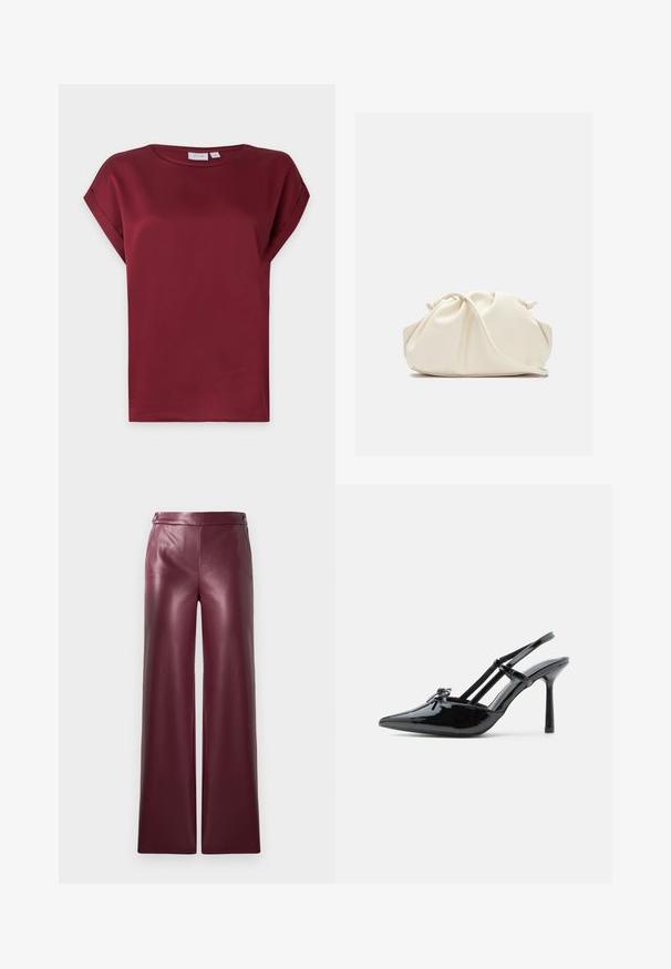 Blusa burdeos de manga corta con cuello redondo y detalle de puños doblados en las mangas, presentada sobre un fondo claro y sencillo.; Pantalones de imitación piel burdeos con un diseño de perneras anchas, que cuentan con una textura suave y detalles de botones en la cinturilla.; Zapato tipo slingback de charol negro con tacón alto, punta puntiaguda, tacón delgado y doble tira cruzando el empeine.; Bolso de mano de cuero suave de color crema con diseño fruncido y plisado y una delgada correa para el hombro que descansa delante sobre un fondo liso.