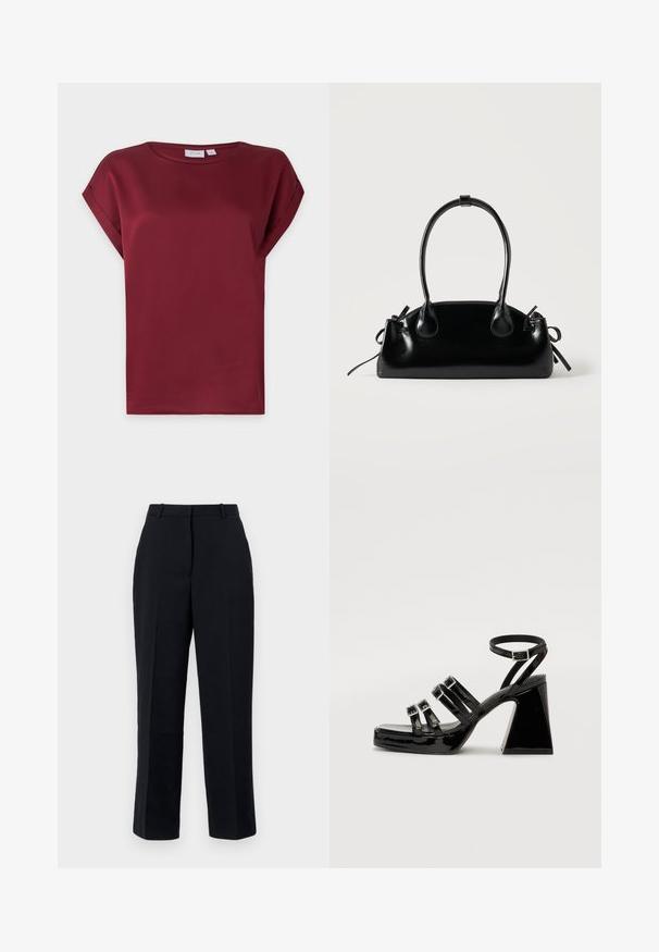 Bordeauxrode blouse met korte mouwen, ronde hals en een omgeslagen manchetdetail aan de mouwen, getoond op een effen lichte achtergrond.; Zwarte broek met een recht model, voorzien van een gladde stof, plooidetails, riemlussen en zijzakken. Geschikt voor formele gelegenheden.; Zwarte lakleren sandaaltjes met hoge hakken, vierkante neus, meerdere bandjes ontwerp, verstelbare enkelband en een chunky geometrische hak.; Kleine zwarte glanzende handtas met twee lange hengsels en zijkant trekkoord details op een effen lichte achtergrond.