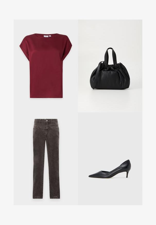 Blusa burdeos de manga corta con cuello redondo y detalle de puños doblados en las mangas, presentada sobre un fondo claro y sencillo.; Jeans de canalé gris oscuro con corte recto, diseño de cinco bolsillos y cierre frontal con botón estándar. Textura suave con un brillo sutil.; Zapato de tacón bajo de cuero negro con punta puntiaguda. Presenta una textura lisa y un brillo sutil. Corte abierto en la parte frontal para un detalle adicional.; Bolso de mano de cuero negro con un diseño de parte superior fruncida, que cuenta con dos asas cortas y una correa larga ajustable. Textura suave, forma redondeada.