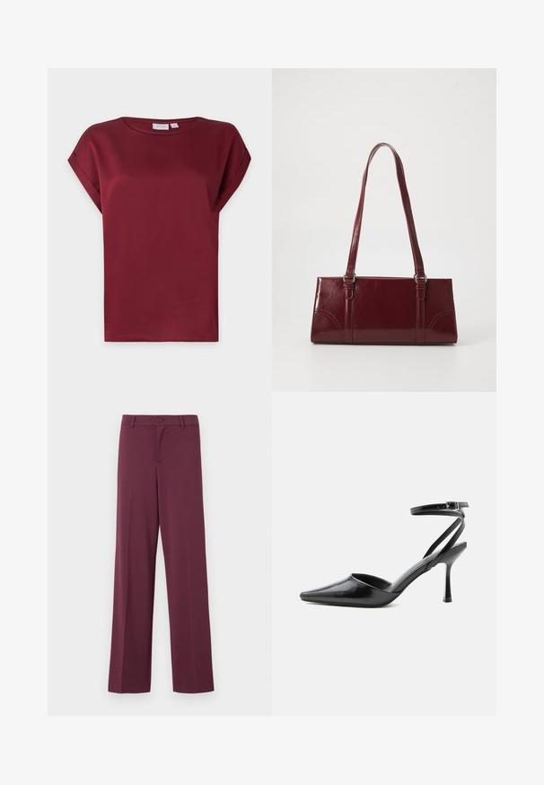 Bordeauxrode blouse met korte mouwen, ronde hals en een omgeslagen manchetdetail aan de mouwen, getoond op een effen lichte achtergrond.; Bordeaux wijde broek, gemaakt van soepele stof. Voorzien van een knoopsluiting en klassieke zakken. Eenvoudig ontwerp zonder patronen of accenten.; Zwarte pumps met puntige neus, dunne enkelbandjes en een zilveren gesp op een effen lichte achtergrond.; Bourgondische handtas van glanzend materiaal, rechthoekige vorm, met twee schouderbanden en subtiele gebogen accenten aan de voorkant.