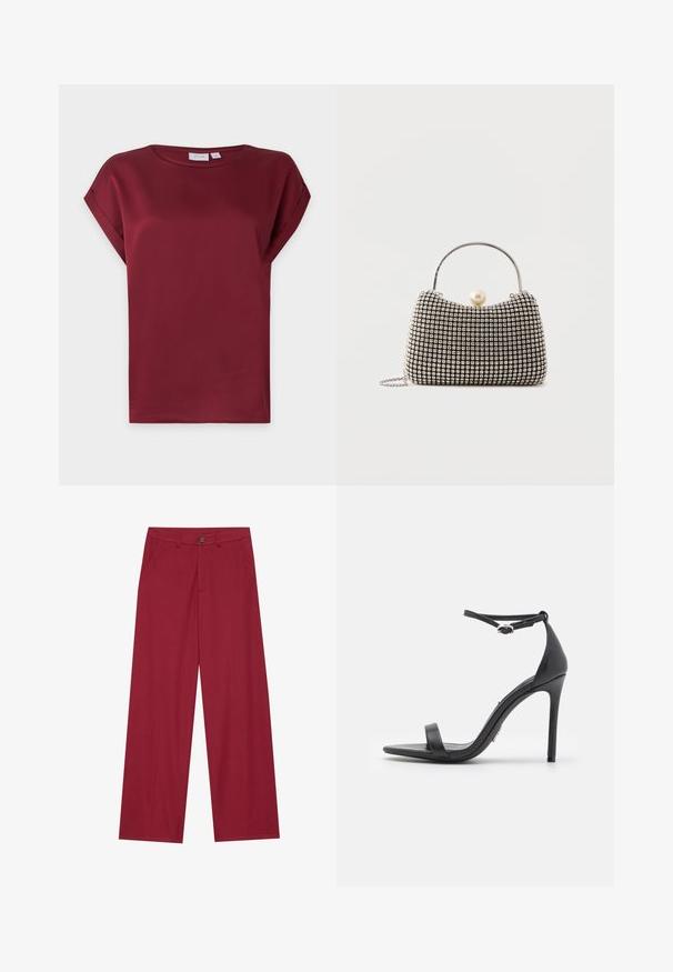 Blouse bordeaux à manches courtes avec encolure ronde et détail de poignets repliés sur les manches, présentée sur un fond clair et uni.; Pantalons larges en tissu lisse et texturé de couleur rouge profond. Comprend des poches avant et une fermeture à un bouton à la taille.; Sandales noires à talons hauts avec un orteil ouvert, des fines lanières et une boucle à la cheville. Texture en cuir lisse avec un design de forme pointue.; Petit sac à main avec motif à carreaux argenté, poignée incurvée, grande fermeture à perle et une fine bandoulière en chaîne argentée sur un fond uni.