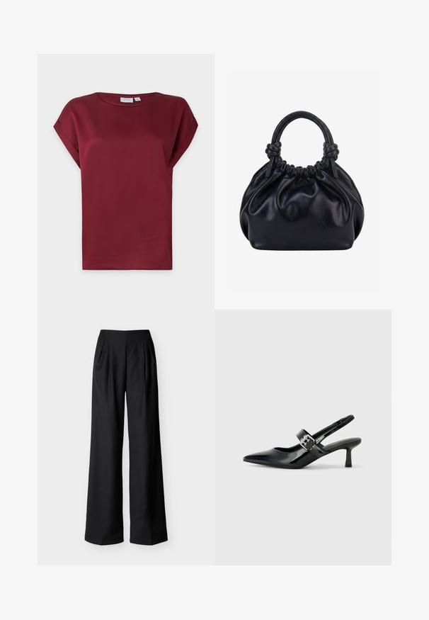 Blusa burdeos de manga corta con cuello redondo y detalle de puños doblados en las mangas, presentada sobre un fondo claro y sencillo.; Pantalones negros de talle alto y pierna ancha con pliegues delanteros y bolsillos laterales, exhibidos sobre un fondo claro y liso.; Zapatos de tacón en charol negro con tira al tobillo, punta afilada y un pequeño tacón bloque, que cuentan con un acento de hebilla plateada en la correa.; Bolso de mano de cuero negro suave con parte superior fruncida y dos asas gruesas atadas en nudos sobre un fondo claro y liso.