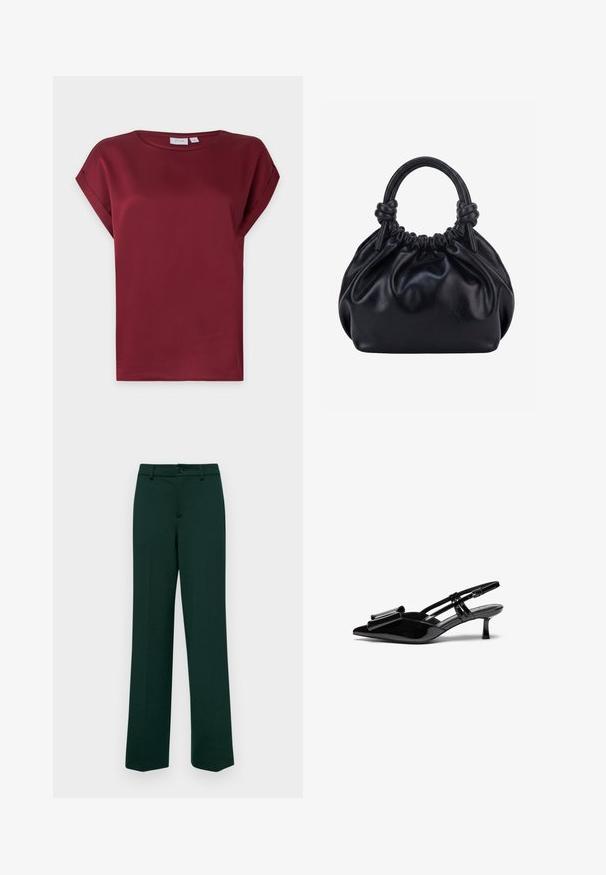 Bordeauxrode blouse met korte mouwen, ronde hals en een omgeslagen manchetdetail aan de mouwen, getoond op een effen lichte achtergrond.; Donkergroene rechte broek met een knoopsluiting en riemlussen. Glad oppervlak en minimale details. Passend model.; Zwarte gepatineerde lederen slingback hakken met een puntige neus, een strikdetail aan de voorkant en een kleine stilettohak. De bandjes hebben verstelbare gespen.; Zwarte zachte leren handtas met geplooide bovenkant en twee dikke handvatten die in knopen zijn gestrikt tegen een effen lichte achtergrond.