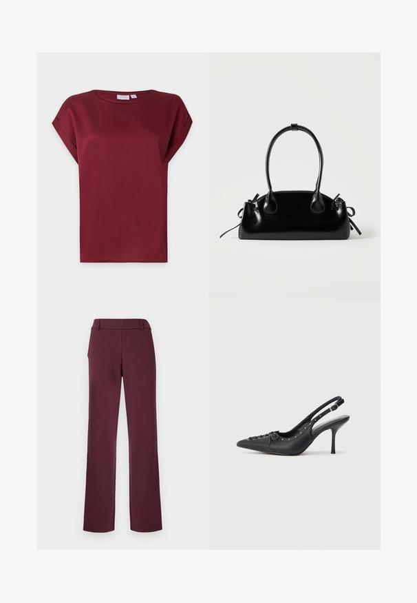 Blusa burdeos de manga corta con cuello redondo y detalle de puños doblados en las mangas, presentada sobre un fondo claro y sencillo.; Pantalones burdeos con diseño de pierna recta, confeccionados en una tela suave, que cuentan con una pretina plana y detalles sutiles de costuras.; Sandal de tacón stiletto negro de cuero con punta afilada, correa lateral con hebilla, tachuelas a lo largo del borde y cordones decorativos en la parte delantera.; Pequeño bolso negro brillante con dos asas largas y detalles de cordón lateral sobre un fondo claro liso.