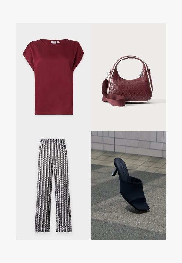 Bordeauxrode blouse met korte mouwen, ronde hals en een omgeslagen manchetdetail aan de mouwen, getoond op een effen lichte achtergrond.; Zwart-wit zigzagpatroon wijde broek met hoge taille, plat uitgestald op een witte achtergrond.; Zwarte open teen mule met blokhak en vierkante neus, met merk "EVEN&ODD," geplaatst op grijze stoep vlakbij een betegelde muur.; Donkerrode geweven leren handtas met gebogen handvat, witte bies, zilveren rits en afneembare brede stoffen schouderriem tegen een effen achtergrond.