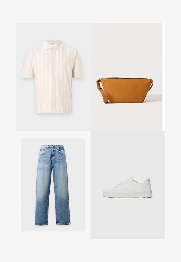 Chemise beige à manches courtes avec des rayures blanches verticales, fermeture boutonnée sur le devant et col classique, présentée sur un fond blanc.; Jean en denim bleu clair à jambes larges avec poches avant, passants de ceinture et fermeture par bouton sur un fond uni.; Baskets en cuir blanc avec une finition lisse, bout arrondi, lacets plats et semelle texturée. Présente un logo discret sur le talon.; Sac bandoulière en cuir marron clair avec sangle réglable et fermeture éclair, présenté sur un fond clair uni.