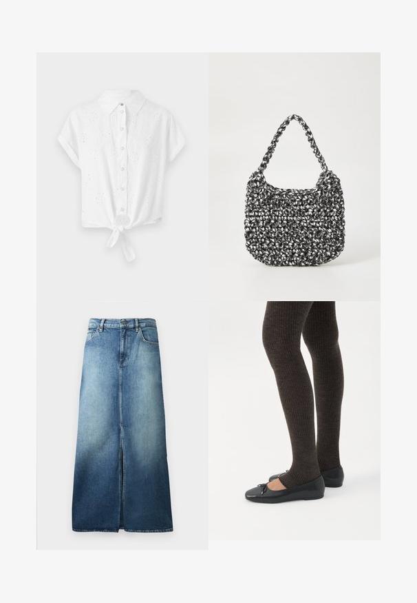 Witte short-sleeve shirt met een kraag, front knopen en een geknoopt onderkant. Heeft een oogjes borduurontwerp voor textuur en detail.; Denim rok in een licht naar donkerblauw gradient, met een voorzijde split, standaard tailleband en een rechte snit met gezoomde randen.; Benen met donkere geribbelde leggings gecombineerd met zwarte ballerina's met kleine strikdetails op een witte achtergrond.; Geweven handtas in zwart en wit met een ronde vorm, gestructureerd oppervlak en een gevlochten handvat. Geschikt voor dagelijks gebruik.