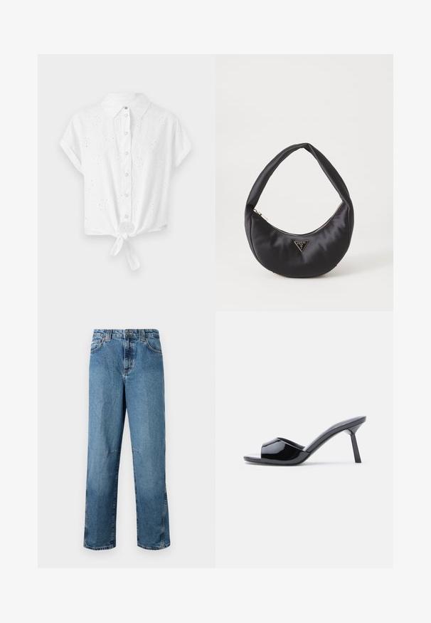 Witte short-sleeve shirt met een kraag, front knopen en een geknoopt onderkant. Heeft een oogjes borduurontwerp voor textuur en detail.; Lichtblauwe denim jeans met een rechte snit, voorzien van gestikte zakken, een knoopsluiting aan de voorkant en een minimale vervaging van de stof.; Zwarte lakleren open-teen sandalen met hak, met een gebogen bovenkant ontwerp en een taps toelopende naaldhak. Gladde glanzende afwerking.; Zwarte satin handtas met een gebogen vorm, voorzien van een ritssluiting en een driehoekig metalen logo aan de voorkant. Gladde textuur en een slank ontwerp.