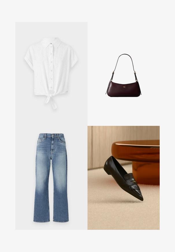 Hvid kortærmet skjorte med krave, frontknaplukning og knyttet søm. Har en broderet øje-design for tekstur og detaljer.; Lyseblå denim bukser med brede ben og høj talje, med forlommer og subtil fading; lige afslutning med opsmøg. Ingen synlige dekorationer.; Sort spids tå læder loafer med frynse detaljer, placeret på beige tæppe nær et rundt orange glasbord.; Mørk bordeaux læderhåndtaske med en tynd sort skulderrem og lille gyldent "cK" logo foran i midten.