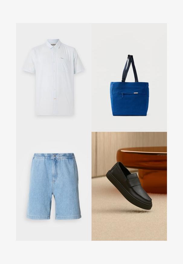 Himmelblaues Kurzarmhemd aus strukturiertem Stoff mit einer Knopfleiste vorne, einer Tasche auf der linken Brust und einem dezenten Markenlabel.; Helle blaue Jeansshorts mit elastischem Bund, vorderem Knopfverschluss, seitlichen Taschen und geradem Schnitt. Mittlere Oberschenkel-Länge.; Schwarzer Leder-Pantoffel mit einem Riemen über dem Obermaterial, positioniert auf einem beigen Teppich und neben einem braunen runden Tisch.; Blaue Canvas-Einkaufstasche mit einer vorderen Reißverschlusstasche, doppelten Schulterriemen und rechteckiger Form. Verfügt über ein dezentes Markenlabel.