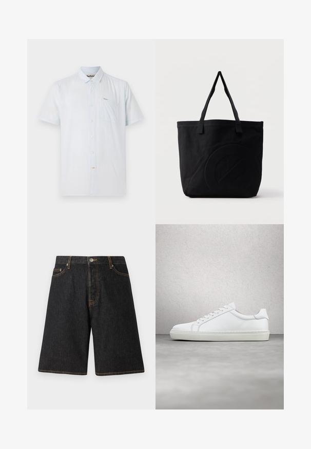 Himmelblaues Kurzarmhemd aus strukturiertem Stoff mit einer Knopfleiste vorne, einer Tasche auf der linken Brust und einem dezenten Markenlabel.; Schwarze Jeansshorts mit geradem Beinschnitt, orangefarbener Naht, fünf Taschen und einem Metallknopfverschluss am Bund.; Weißer Sneaker mit glattem Lederobermaterial und niedrigem Profil. Verfügt über eine runde Zehenpartie, sechs Ösen und eine strukturierte Gummisohle.; Schwarze Canvas-Shopper-Tasche mit zwei Schulterriemen und einem dezenten, eingeprägten kreisförmigen Design auf der Vorderseite.