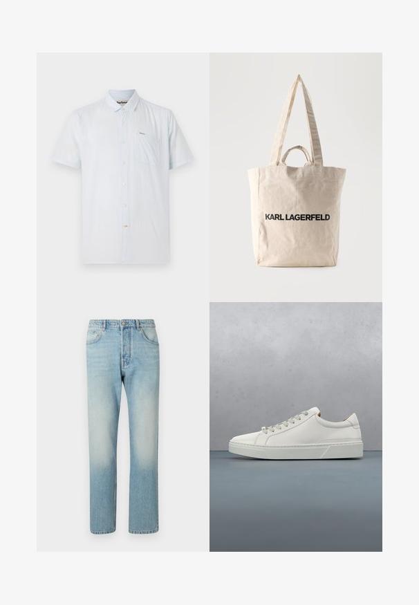 Himmelblaues Kurzarmhemd aus strukturiertem Stoff mit einer Knopfleiste vorne, einer Tasche auf der linken Brust und einem dezenten Markenlabel.; Helle blaue Jeans aus Denim mit geradem Bein, fünf Taschen und einem ausgewaschenen Effekt an den Oberschenkeln.; Weißes Leder-Sneaker mit abgerundetem Zehenbereich, minimalistisches Design, graue Schnürsenkel und einer strukturierten grauen Gummisohle. Dezente Nähte sichtbar.; Beige Leinwand-Shopper mit langen und kurzen Griffen, auf der Vorderseite mit dem Aufdruck "KARL LAGERFELD" in fetten schwarzen Buchstaben.