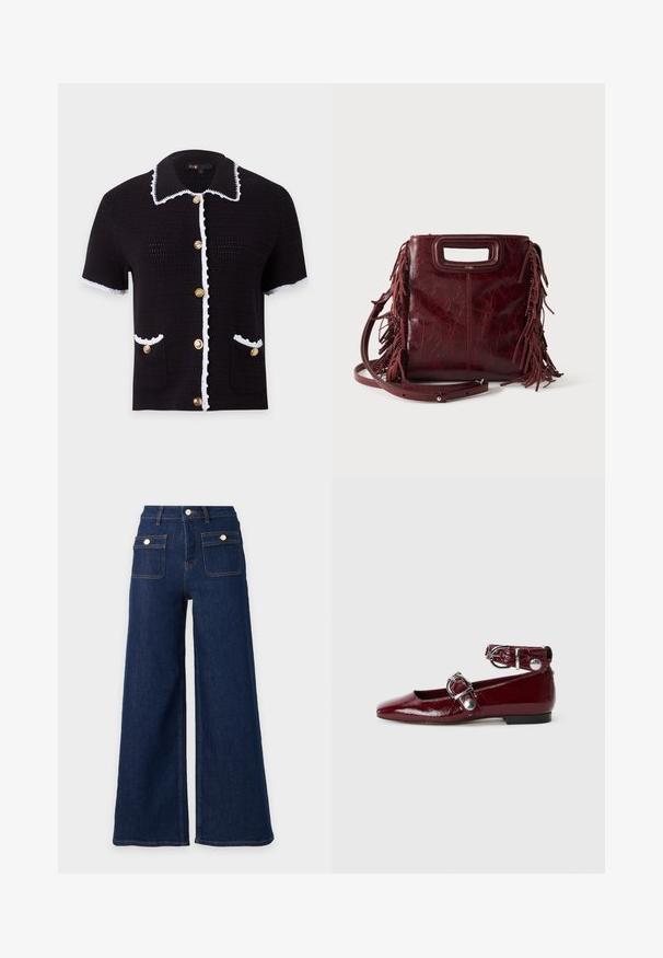 Cardigan en maille noir à manches courtes avec bordure blanche, boutons dorés sur le devant, deux poches avant et un large col avec bord blanc.; Jeans en denim bleu foncé à jambes larges, taille haute et deux poches avant à rabat avec boutons.; Ballerines en cuir verni bordeaux avec un bout pointu, une bride de cheville avec une boucle en argent et un petit talon. Texture lisse sur l'ensemble.; Sac à main carré en cuir bordeaux avec poignée découpée, détails de franges latérales et bandoulière réglable sur fond uni.