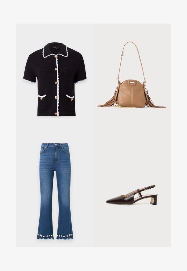 Cardigan en maille noir à manches courtes avec bordure blanche, boutons dorés sur le devant, deux poches avant et un large col avec bord blanc.; Jean en denim bleu moyen avec jambes évasées, ourlets effilochés et ornements décoratifs de perles et de fleurs le long des bords inférieurs.; Chaussure slingback en cuir marron foncé à texture crocodile, bout pointu, talon bas bloc et bride ajustable avec boucle dorée.; Petit sac à bandoulière en cuir fauve avec longue bandoulière, détail chaîne dorée et franges des deux côtés sur un fond neutre.