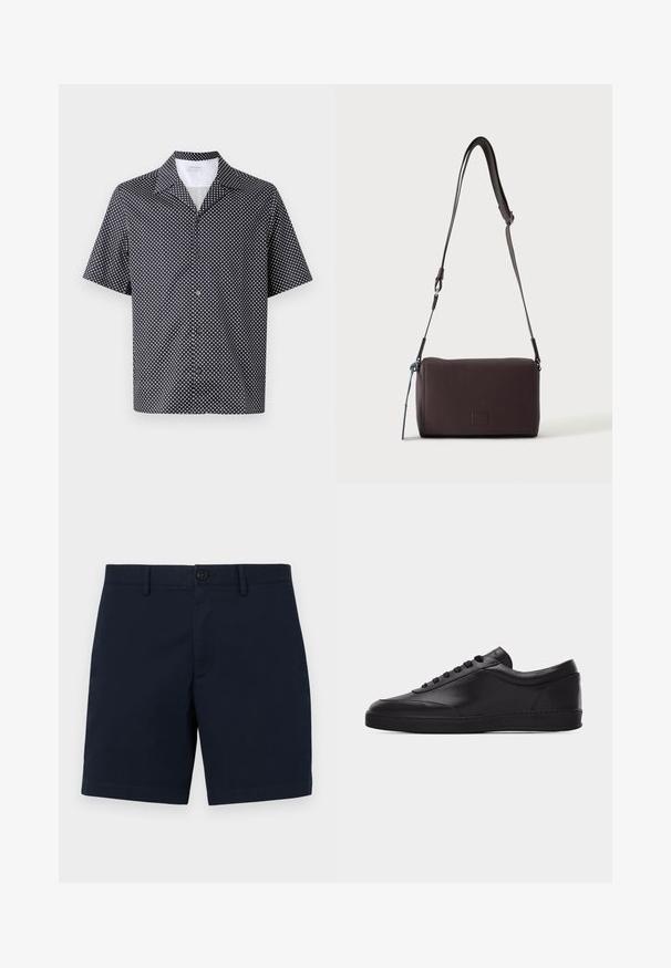 Kortærmet skjorte i navy stof med et hvidt cirkulært mønster, en klapkrave og en knaplukning foran med sorte knapper.; Theory ZAINE PATT - Shorts - baltic; Sort lavtstående lædersneaker med snørebånd foran og flad gummisål, vist fra siden på en ensartet hvid baggrund.; Mørkebrun textured læder crossbody taske med justerbar rem og lille dekorativ blå accent på siden.