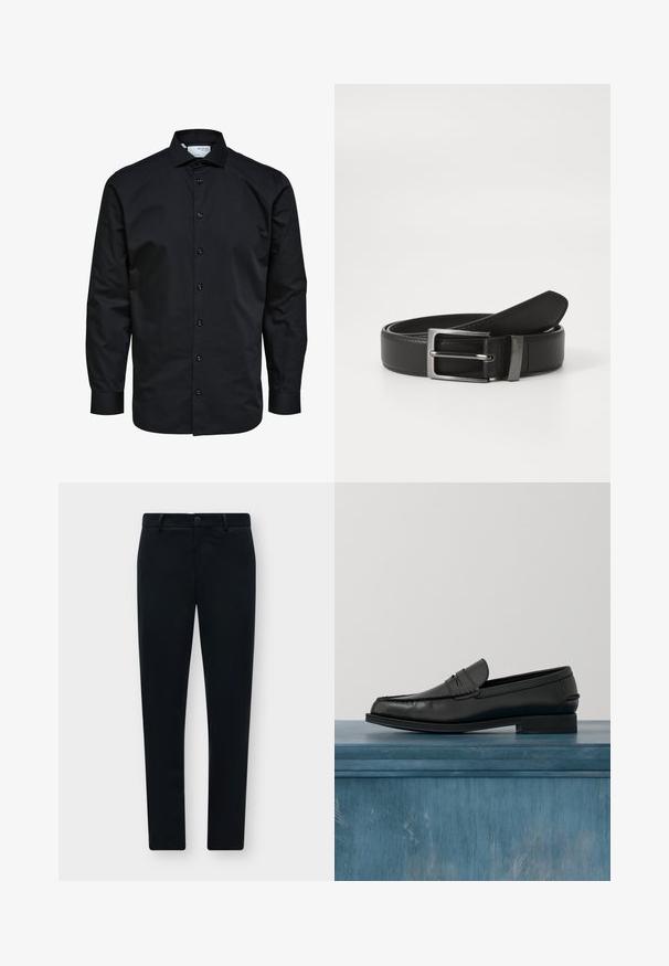 Camisa de hombre negra de manga larga con botones delanteros y cuello clásico, hecha de tela lisa.; Pantalones negros de corte slim con trabillas, botón delantero y cierre de cremallera, mostrados extendidos sobre un fondo gris claro.; Mocasines de cuero negro con un diseño elegante, que presentan una puntera cosida y un acabado suave. El zapato tiene un tacón bajo y detalles mínimos.; Cinturón de cuero negro con hebilla de metal plateada, que presenta un acabado suave y un diseño clásico. El cinturón está neatly doblado.
